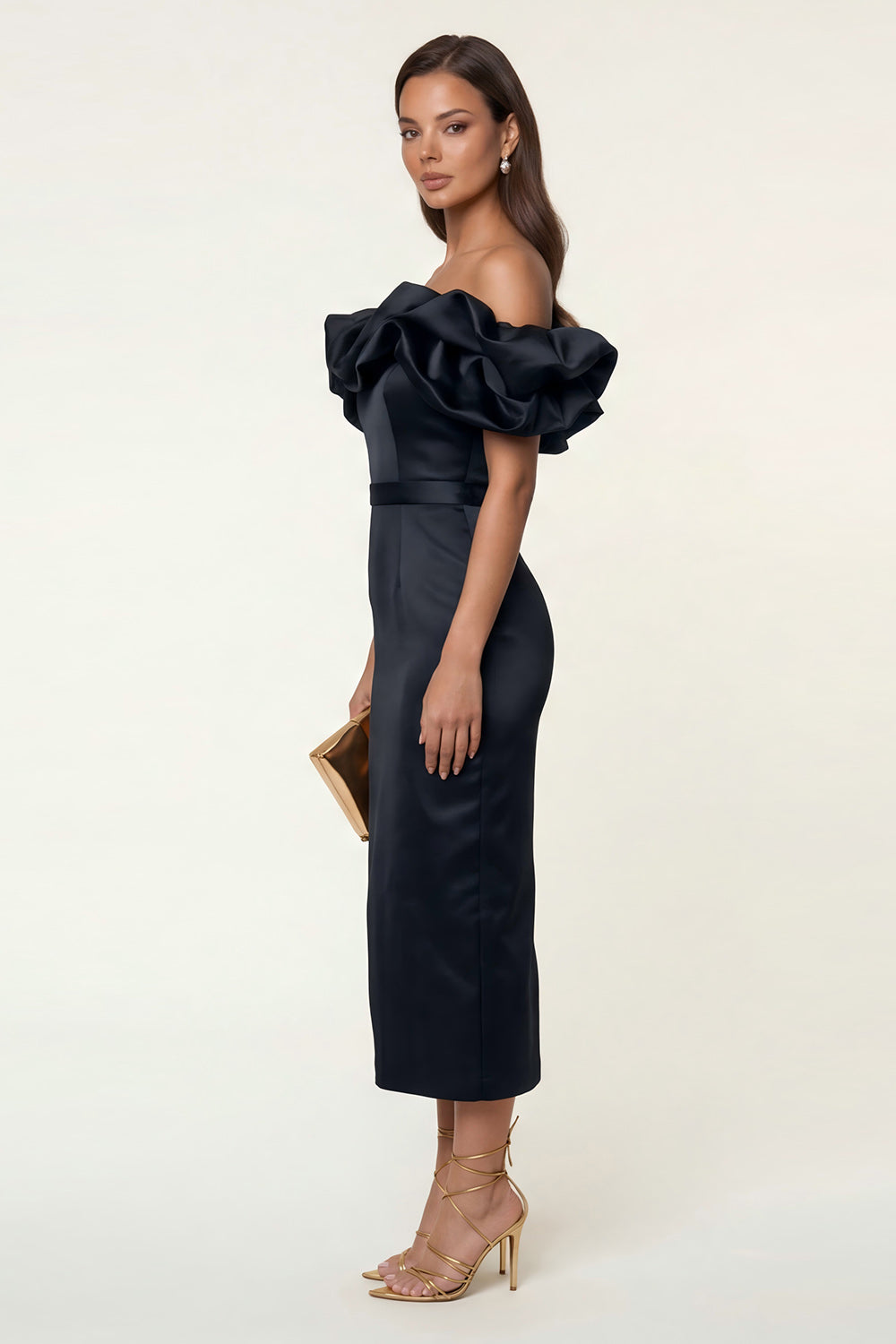 Off the Shoulder Black Ruffled Bodycon Work Dress