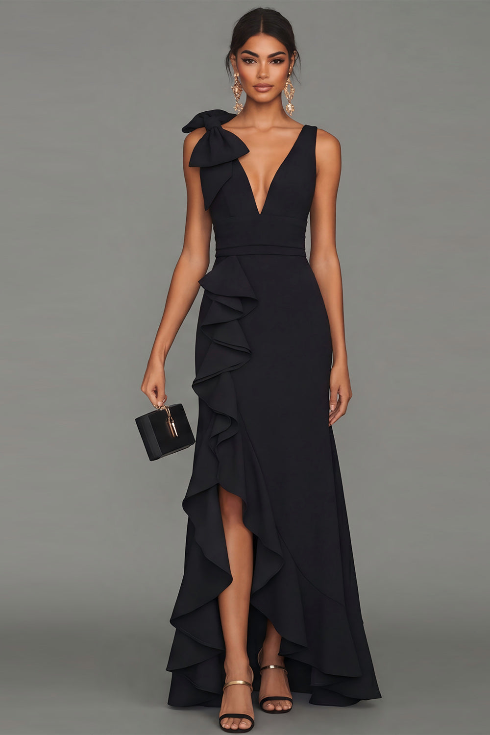 Black Bowed V Neck Maxi Formal Dress with Ruffles