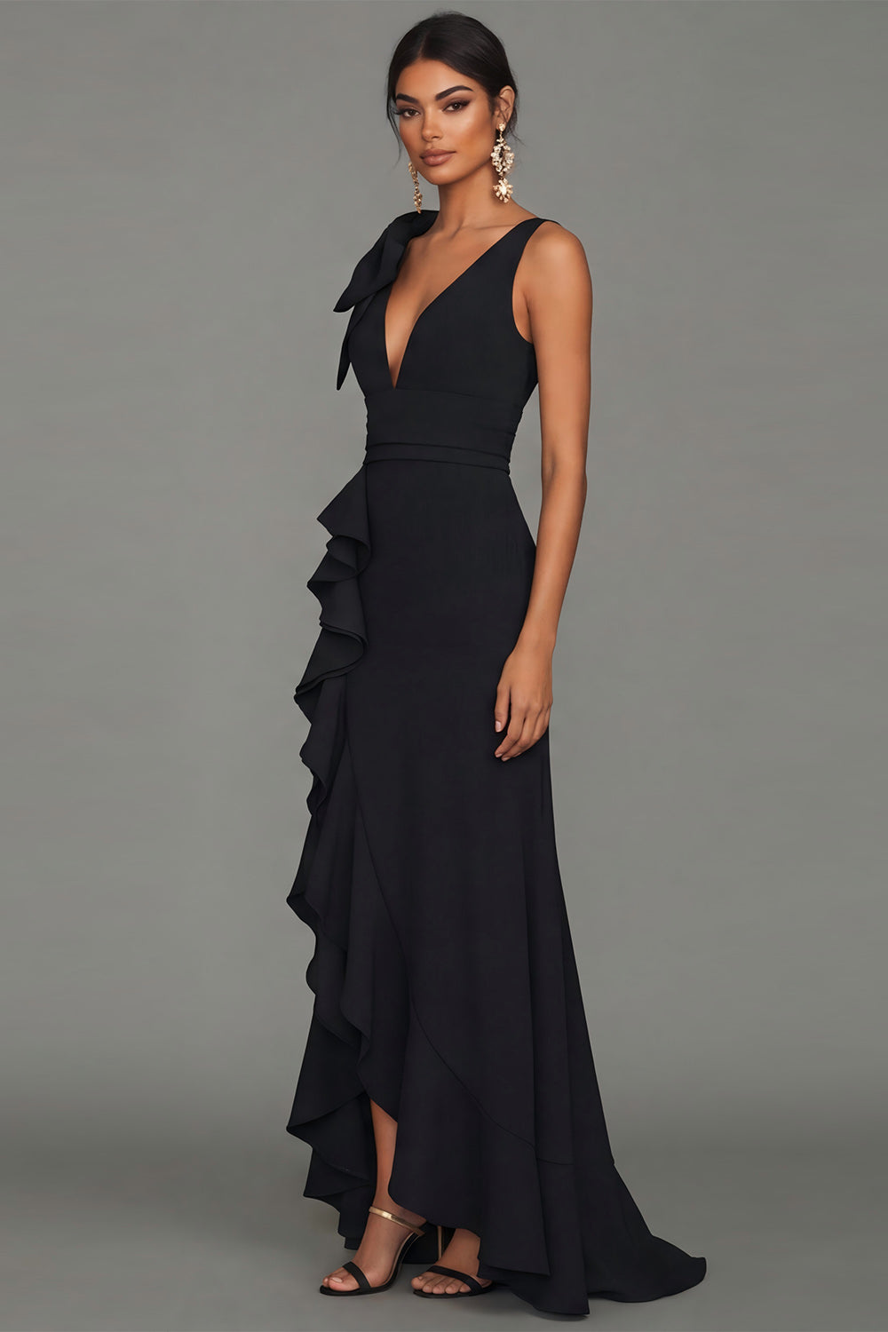 Black Bowed V Neck Maxi Formal Dress with Ruffles
