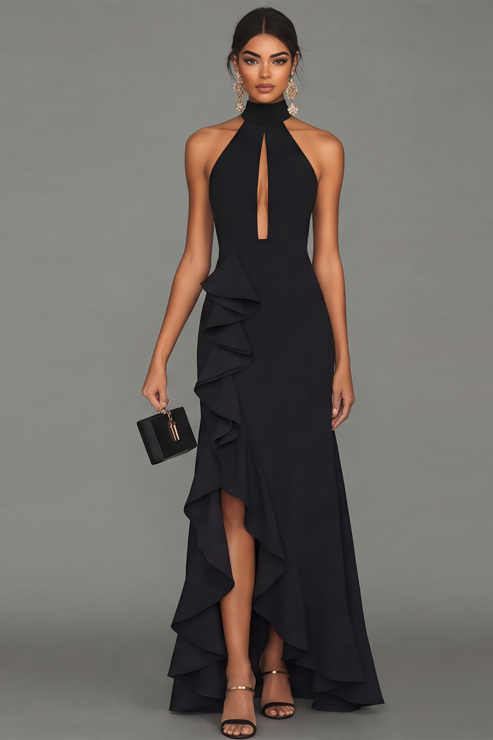 Halter Cut Out Black Mermaid Maxi Formal Dress with Ruffles