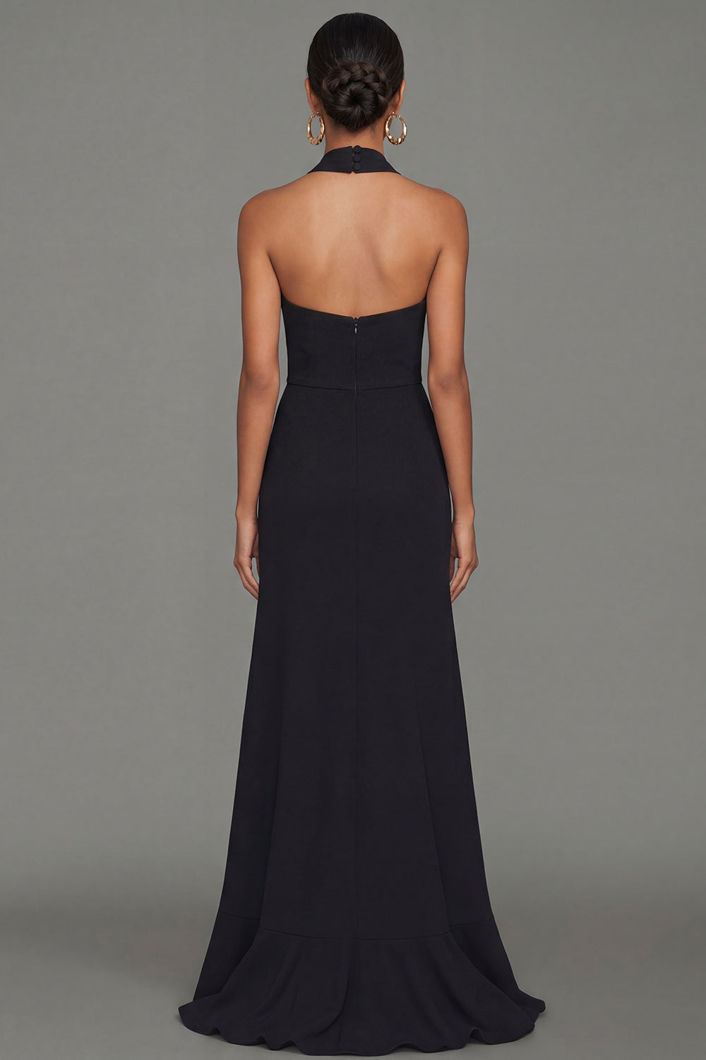 Halter Cut Out Black Mermaid Maxi Formal Dress with Ruffles