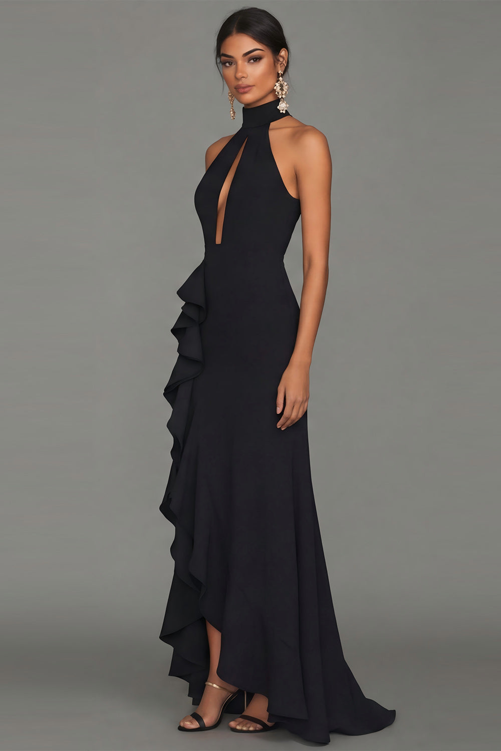 Halter Cut Out Black Mermaid Maxi Formal Dress with Ruffles