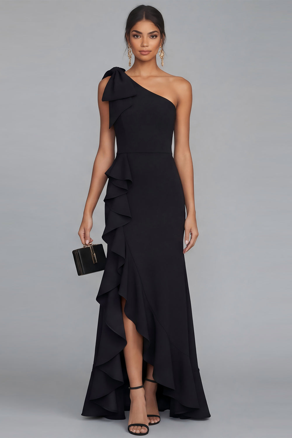 One Shoulder Black Mermaid Bowed Formal Dress with Ruffles