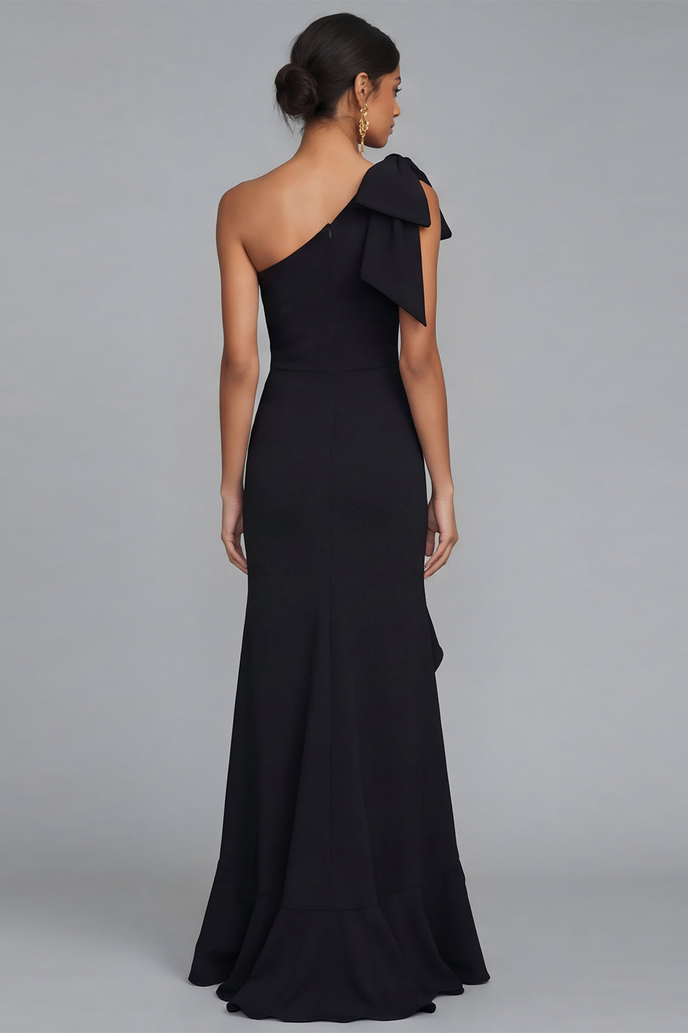 One Shoulder Black Mermaid Bowed Formal Dress with Ruffles