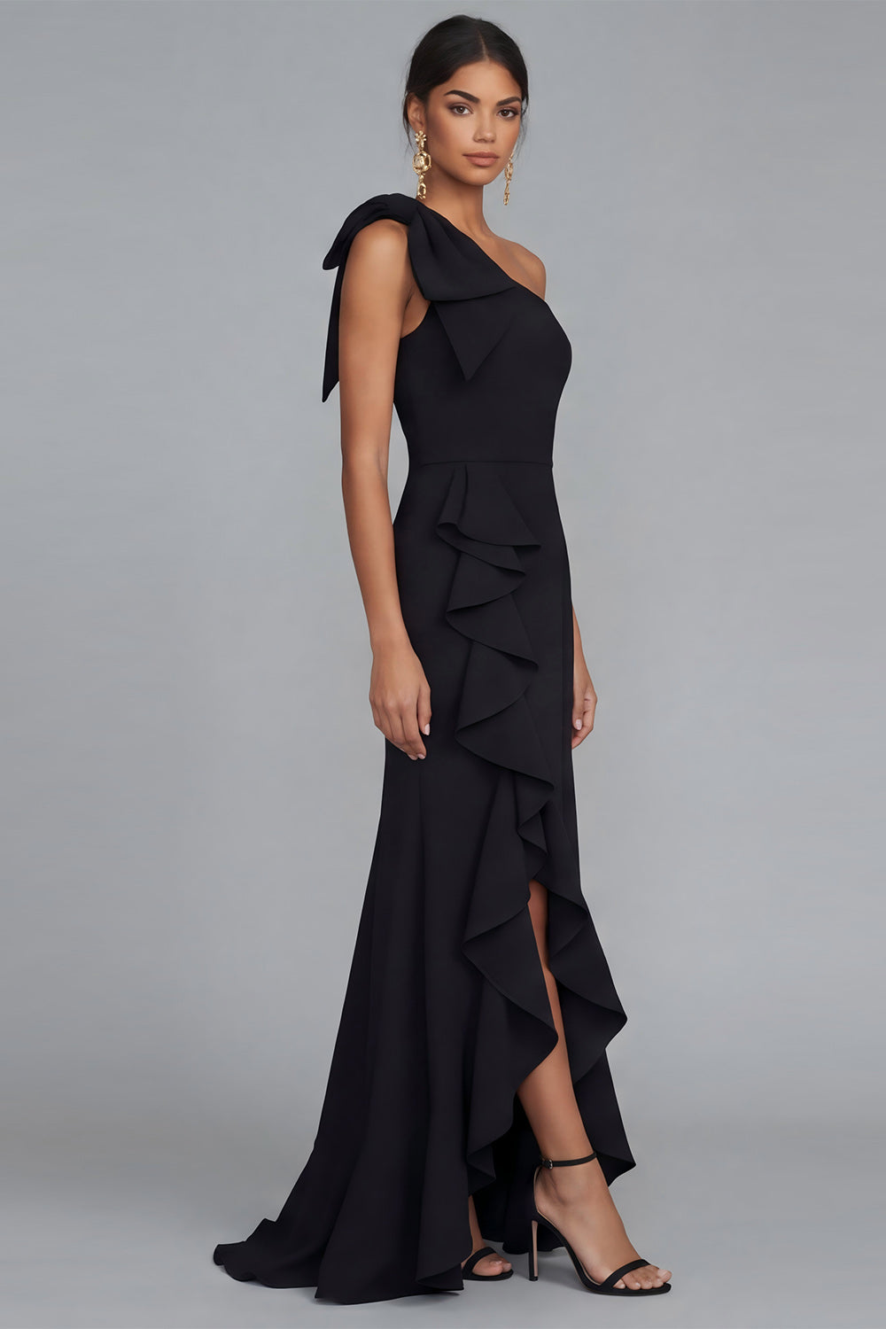 One Shoulder Black Mermaid Bowed Formal Dress with Ruffles
