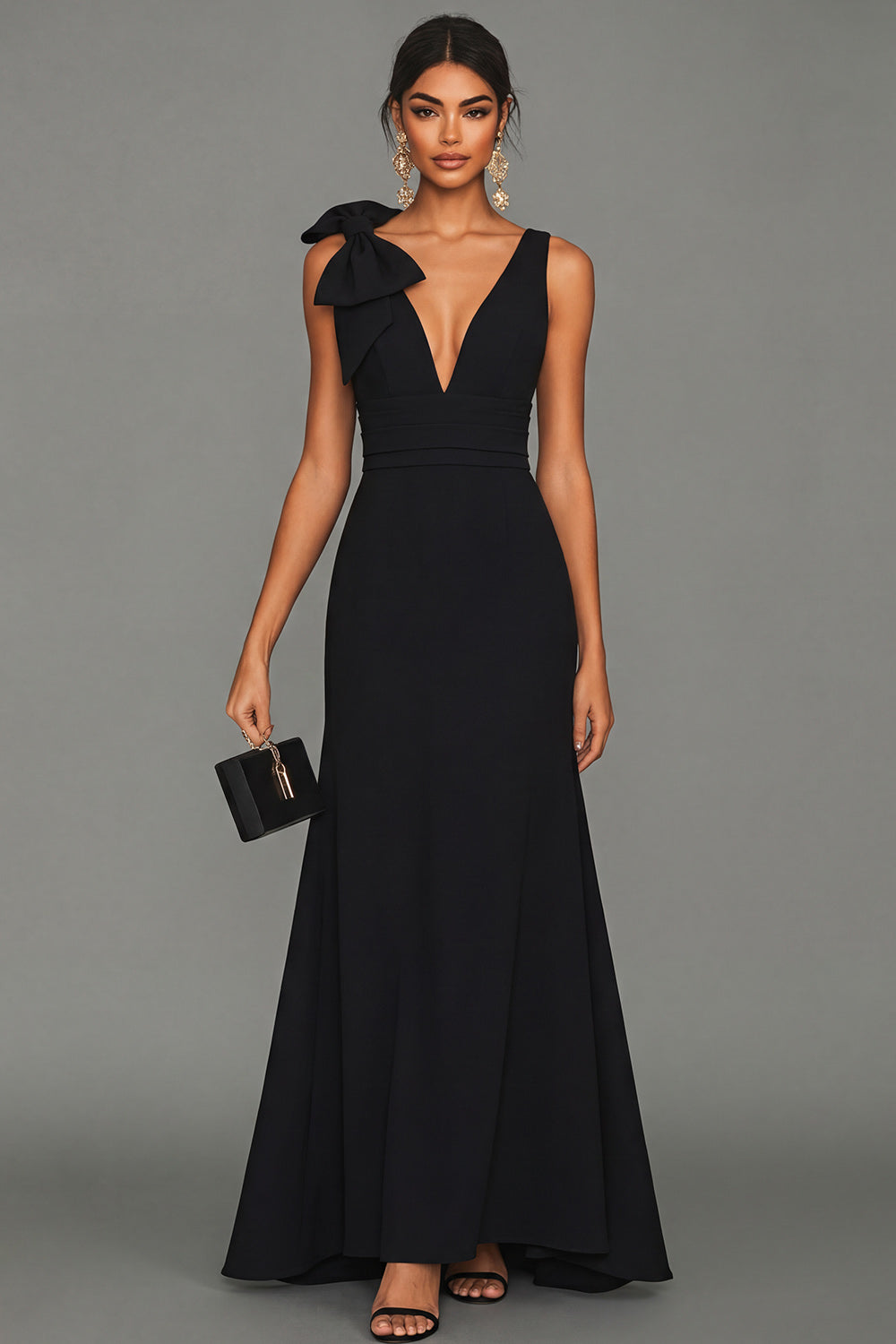 Black Mermaid Bowed V Neck Maxi Formal Dress