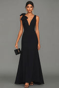 Black Mermaid Bowed V Neck Maxi Formal Dress