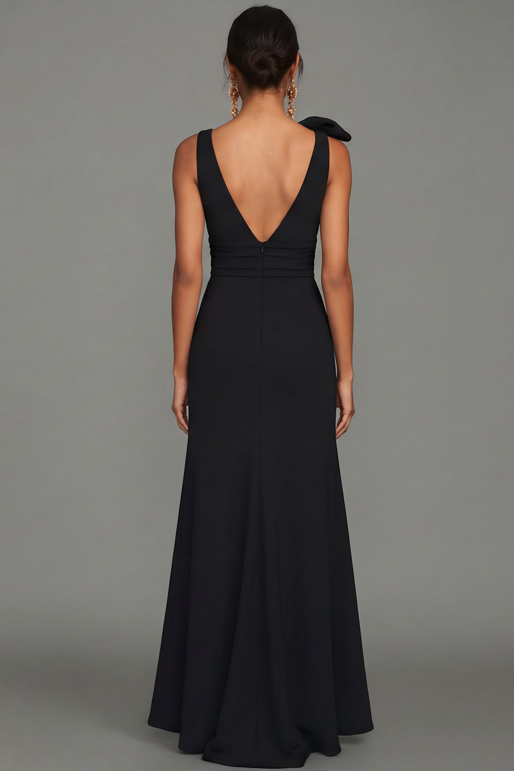 Black Mermaid Bowed V Neck Maxi Formal Dress