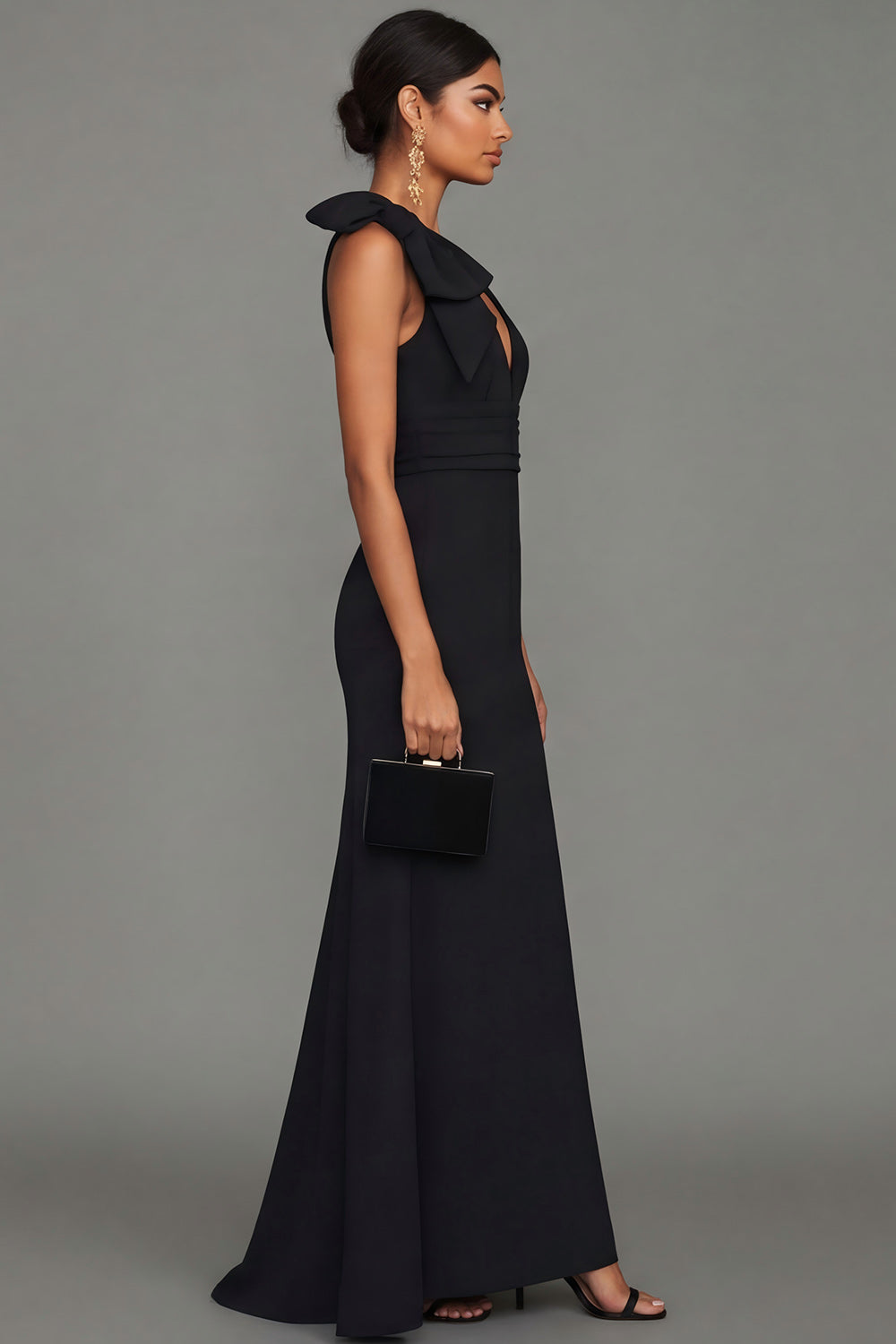 Black Mermaid Bowed V Neck Maxi Formal Dress