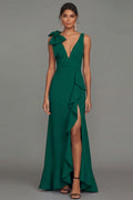 Dark Green Mermaid Bowed V Neck Formal Dress with Ruffles
