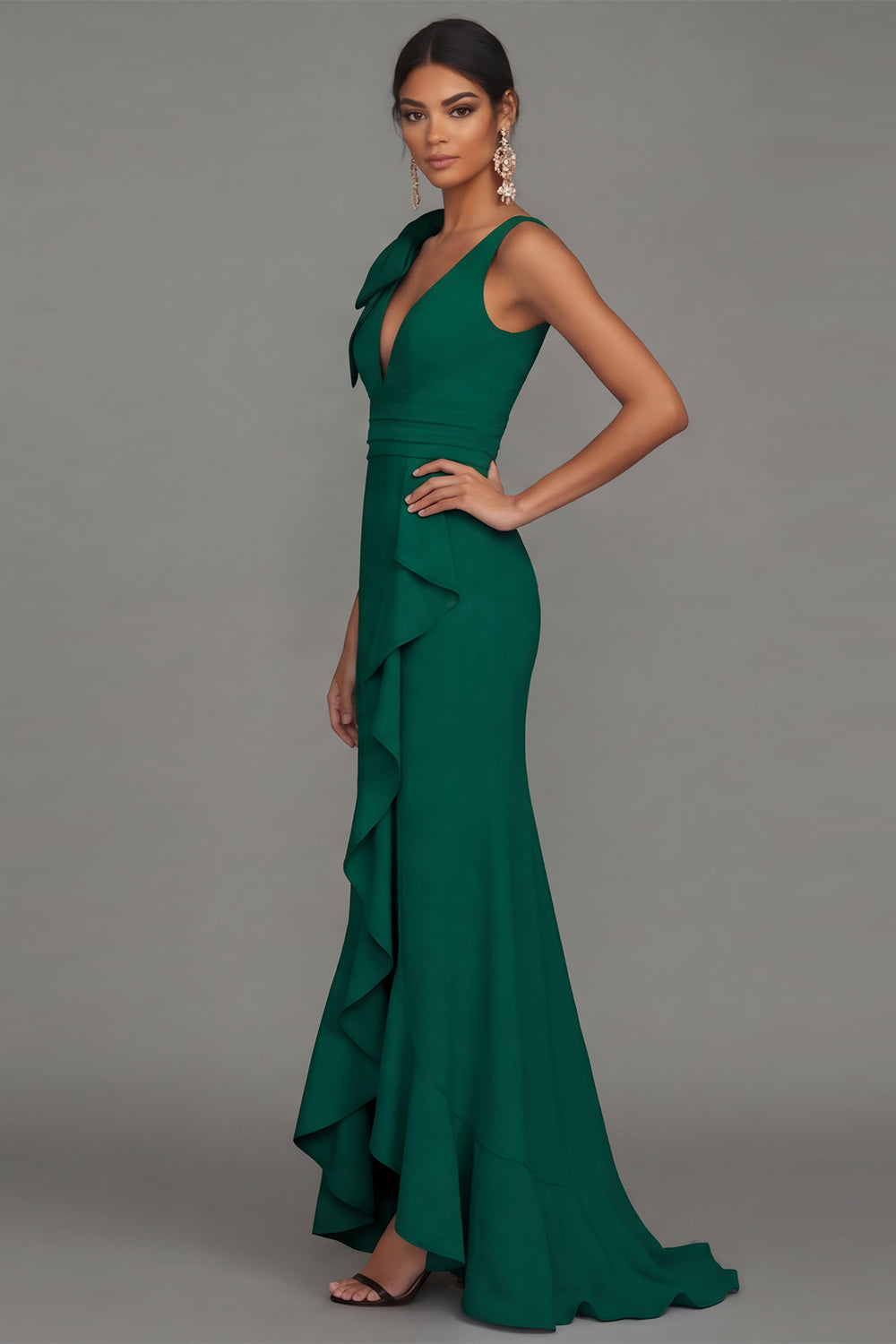Dark Green Mermaid Bowed V Neck Formal Dress with Ruffles