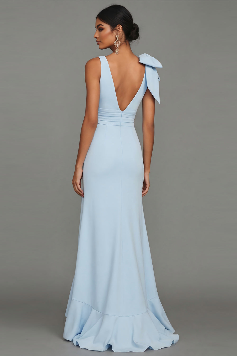 Dark Green Mermaid Bowed V Neck Formal Dress with Ruffles
