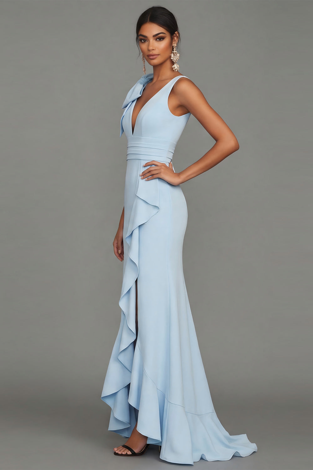 Dark Green Mermaid Bowed V Neck Formal Dress with Ruffles