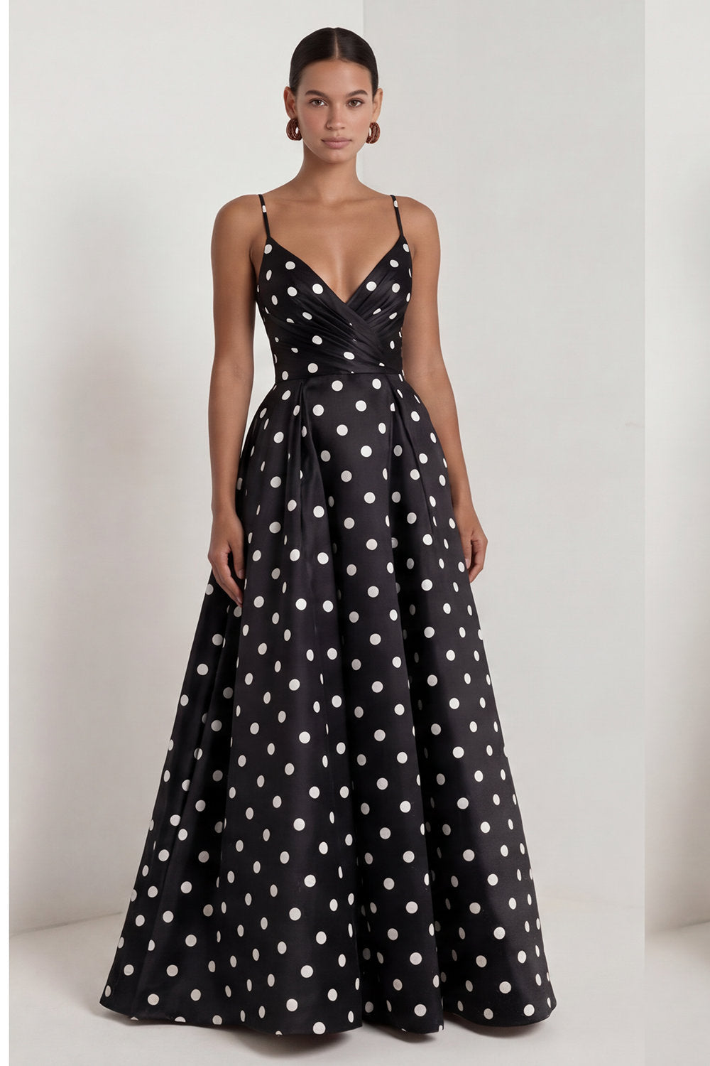 Black White Polka Dot Ruched A Line Maxi Formal Dress