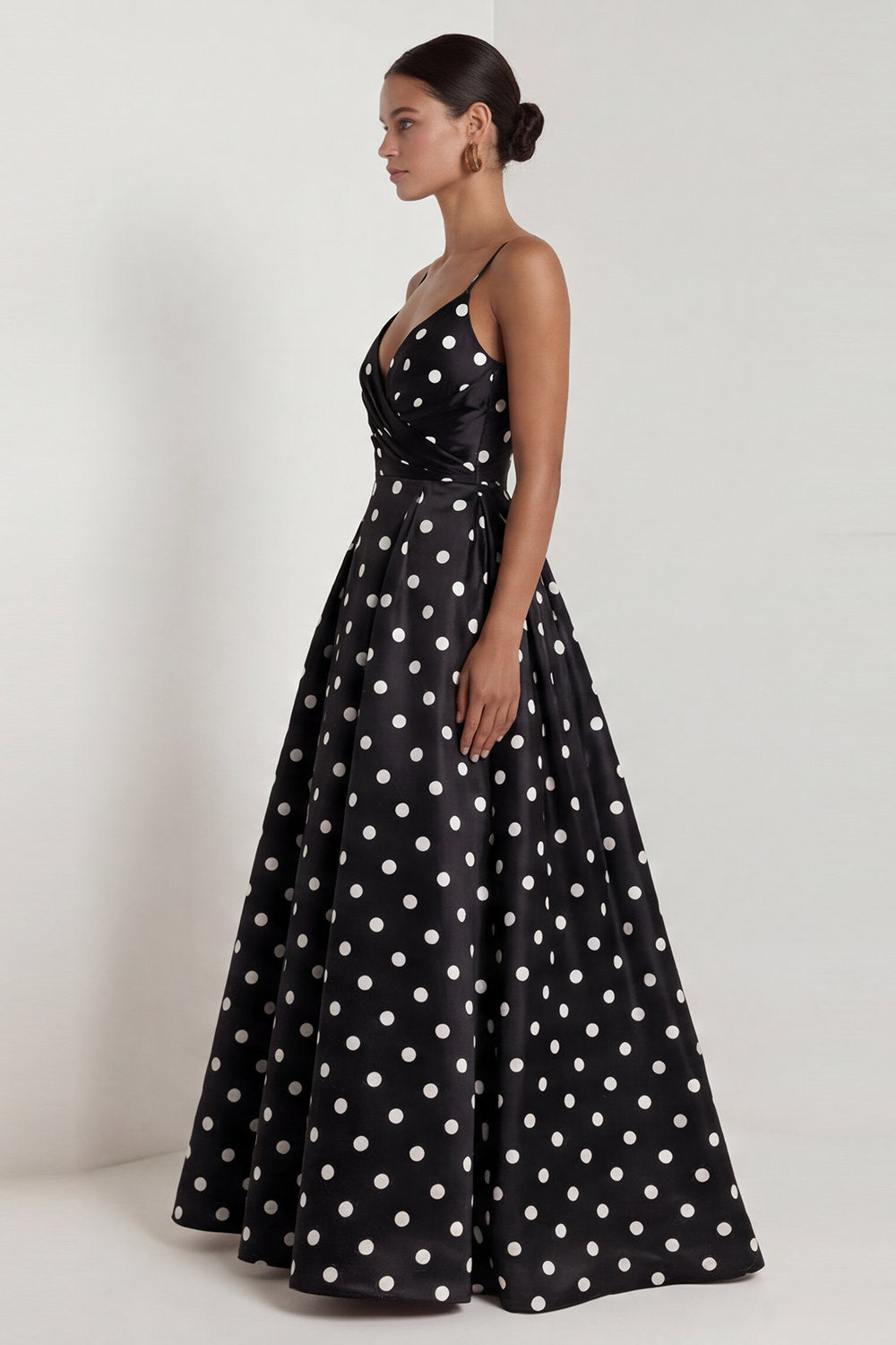 Black White Polka Dot Ruched A Line Maxi Formal Dress