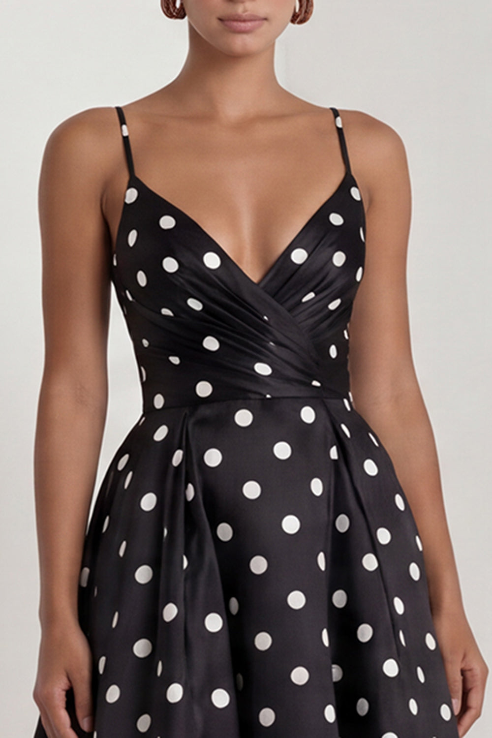 Black White Polka Dot Ruched A Line Maxi Formal Dress