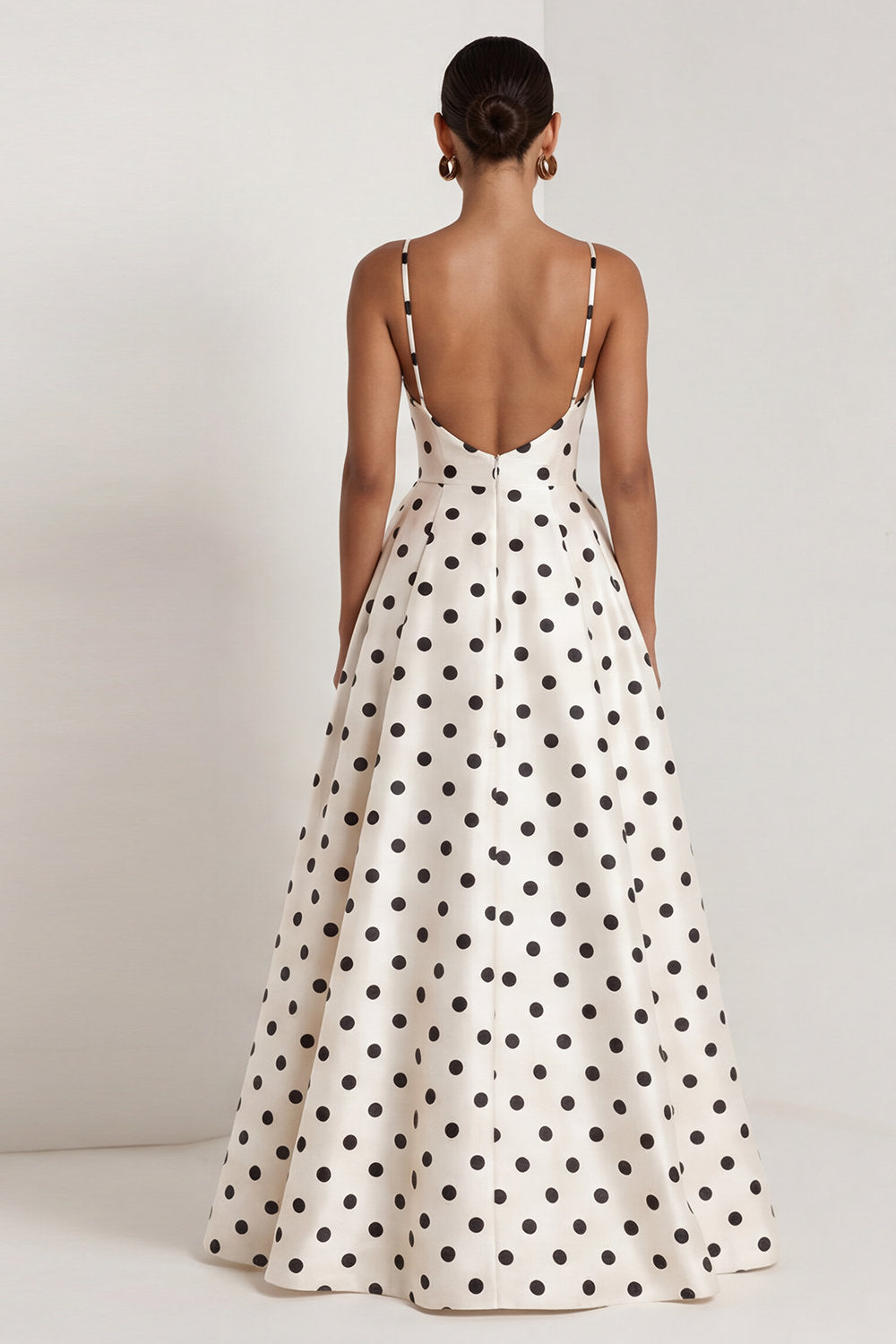 Black White Polka Dot Ruched A Line Maxi Formal Dress