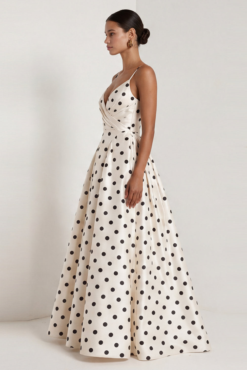 Black White Polka Dot Ruched A Line Maxi Formal Dress