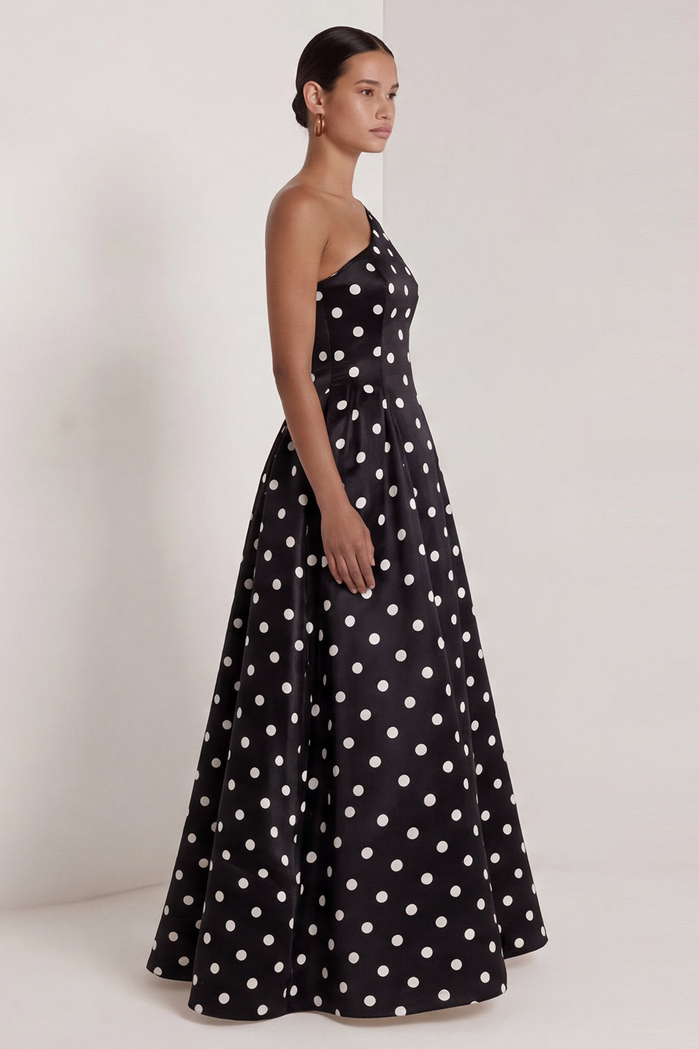 One Shoulder White Black Polka Dot A Line Formal Dress