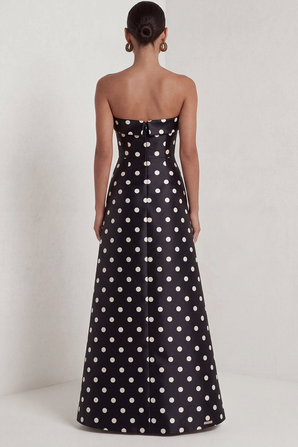 Strapless Black White A Line Polka Dot Maxi Formal Dress