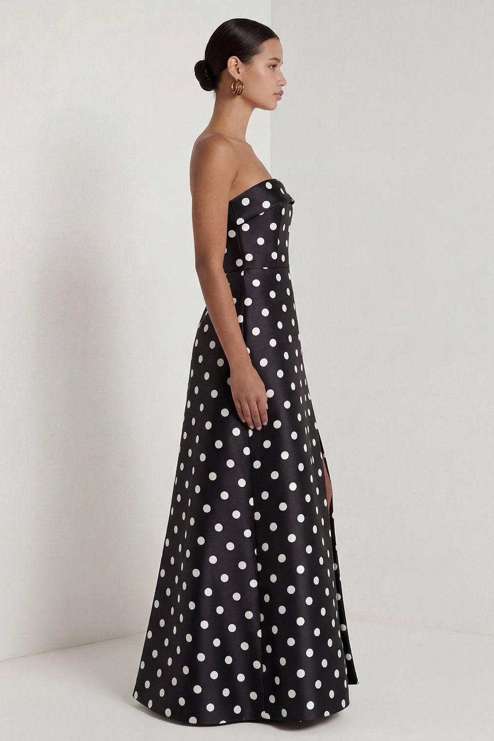 Strapless Black White A Line Polka Dot Maxi Formal Dress