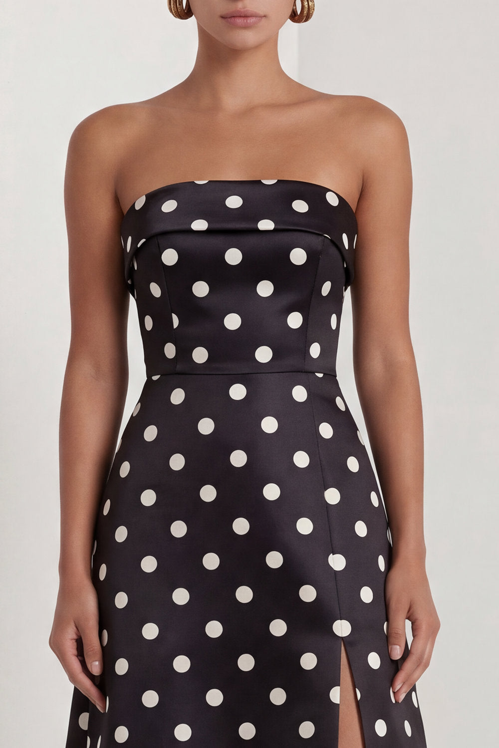 Strapless Black White A Line Polka Dot Maxi Formal Dress