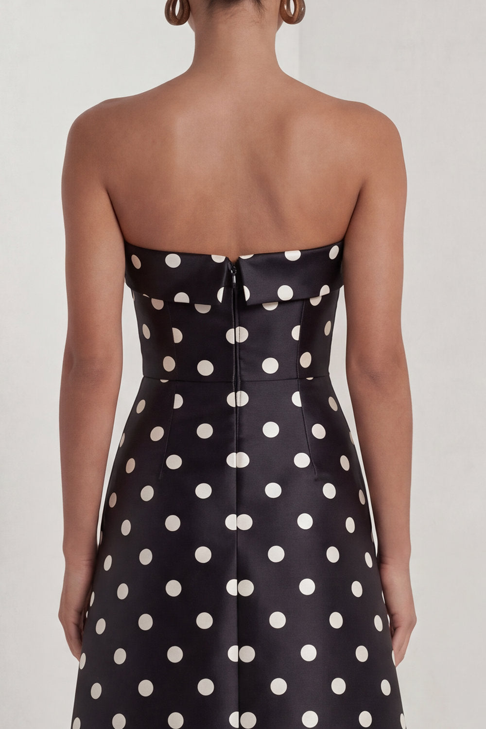 Strapless Black White A Line Polka Dot Maxi Formal Dress