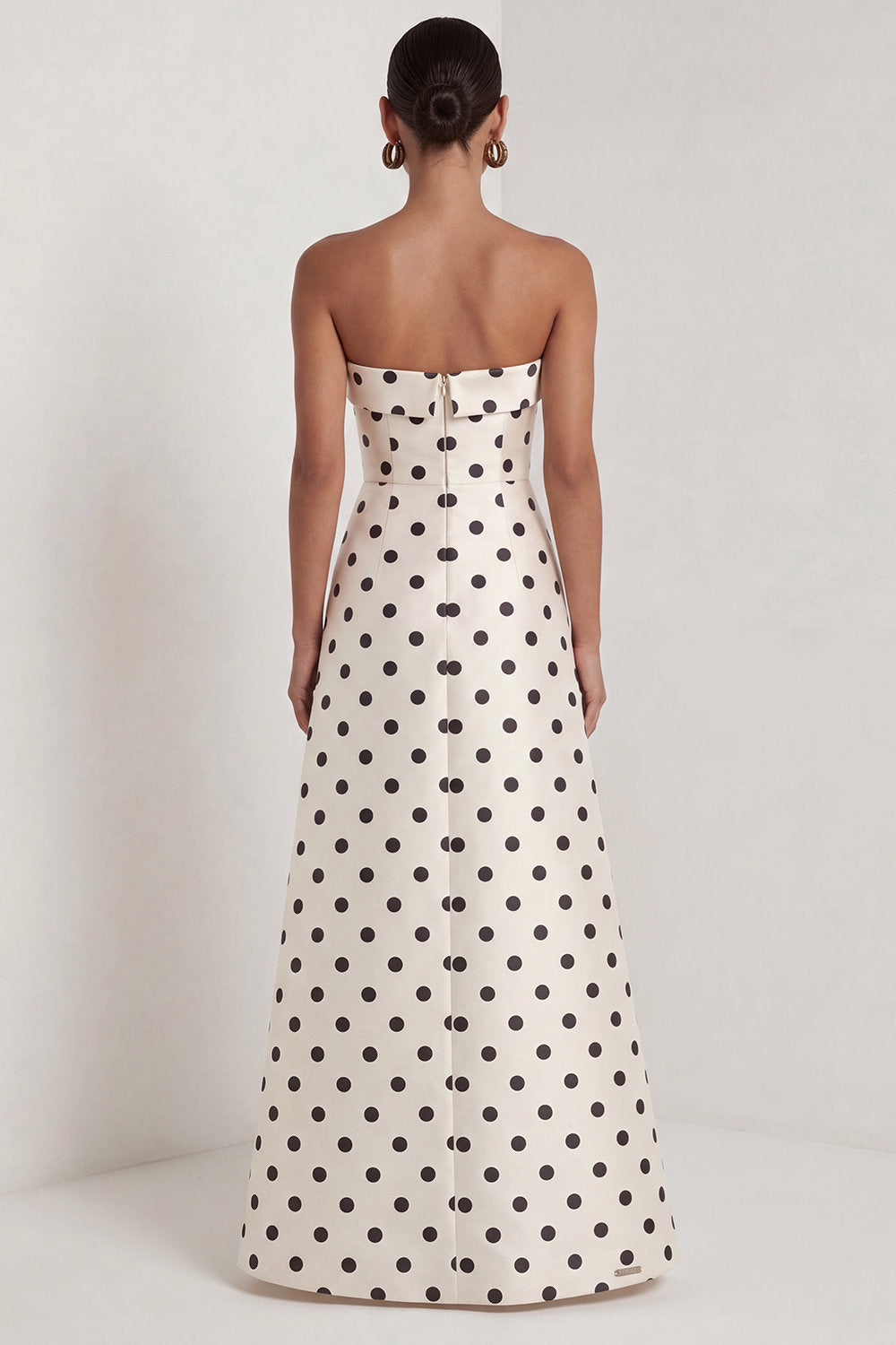 Strapless Black White A Line Polka Dot Maxi Formal Dress