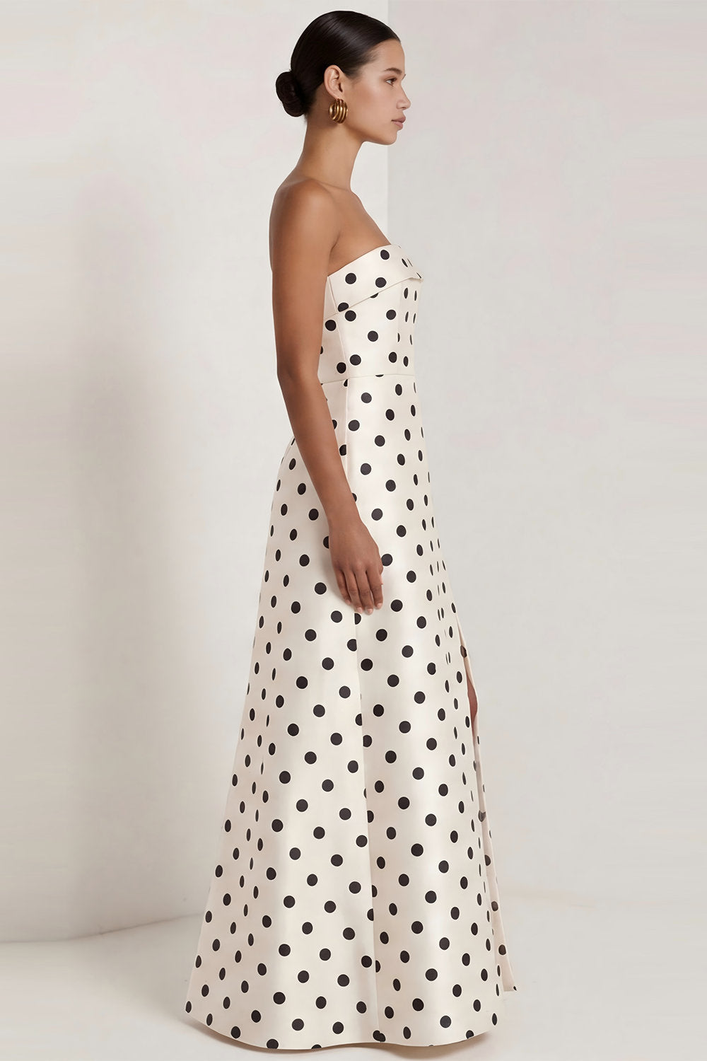 Strapless Black White A Line Polka Dot Maxi Formal Dress