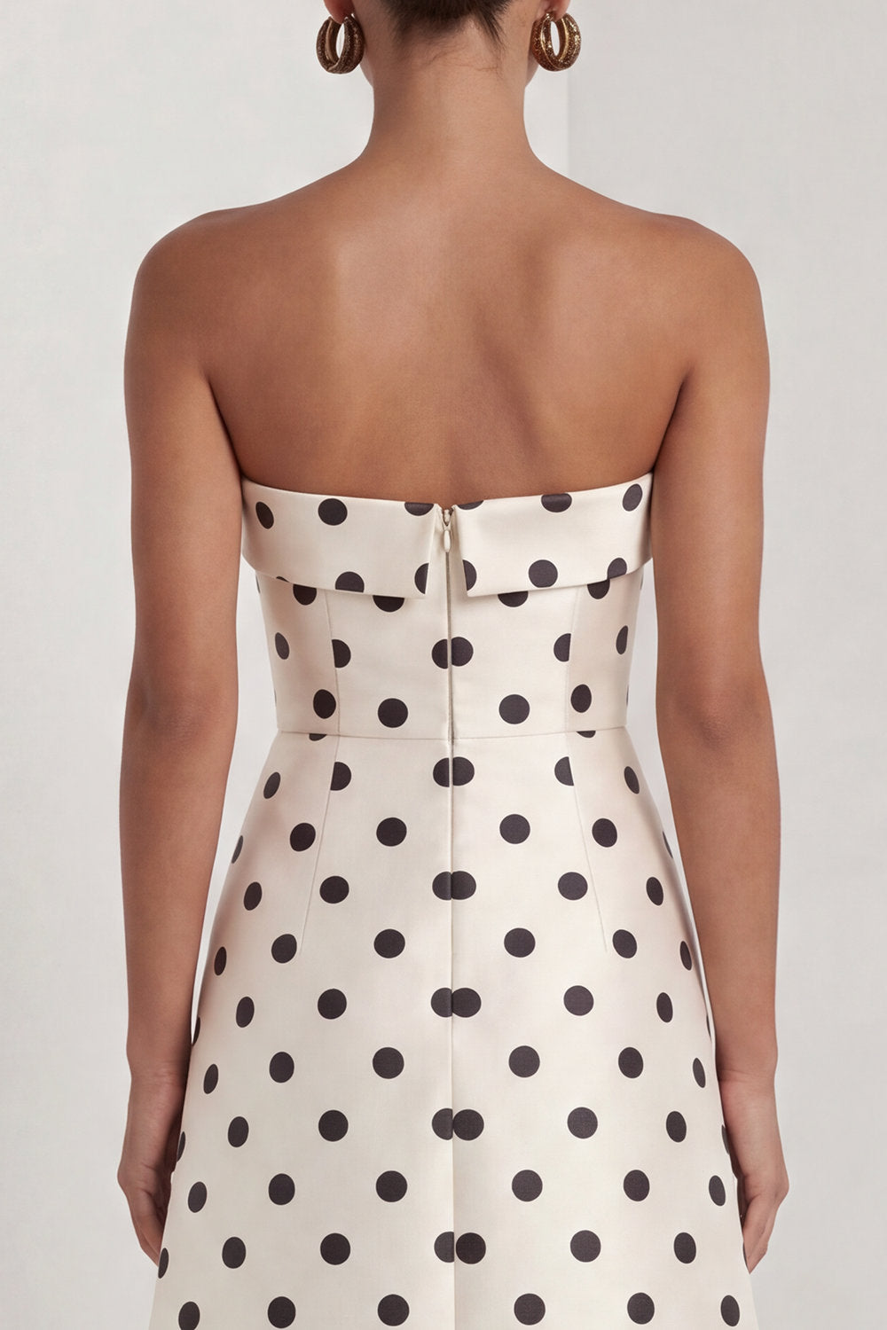 Strapless Black White A Line Polka Dot Maxi Formal Dress