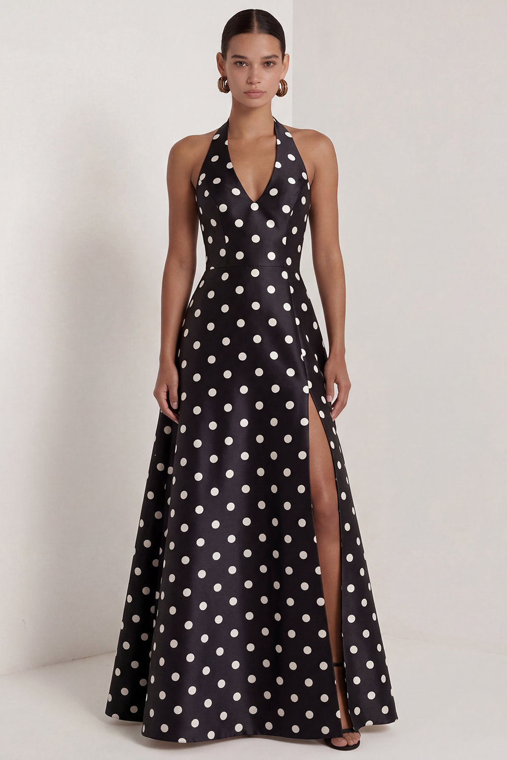 Halter White Black Polka Dot A Line Formal Dress
