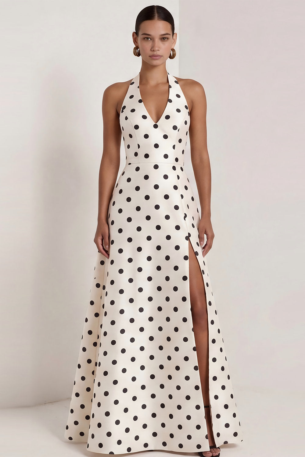 Halter White Black Polka Dot A Line Formal Dress