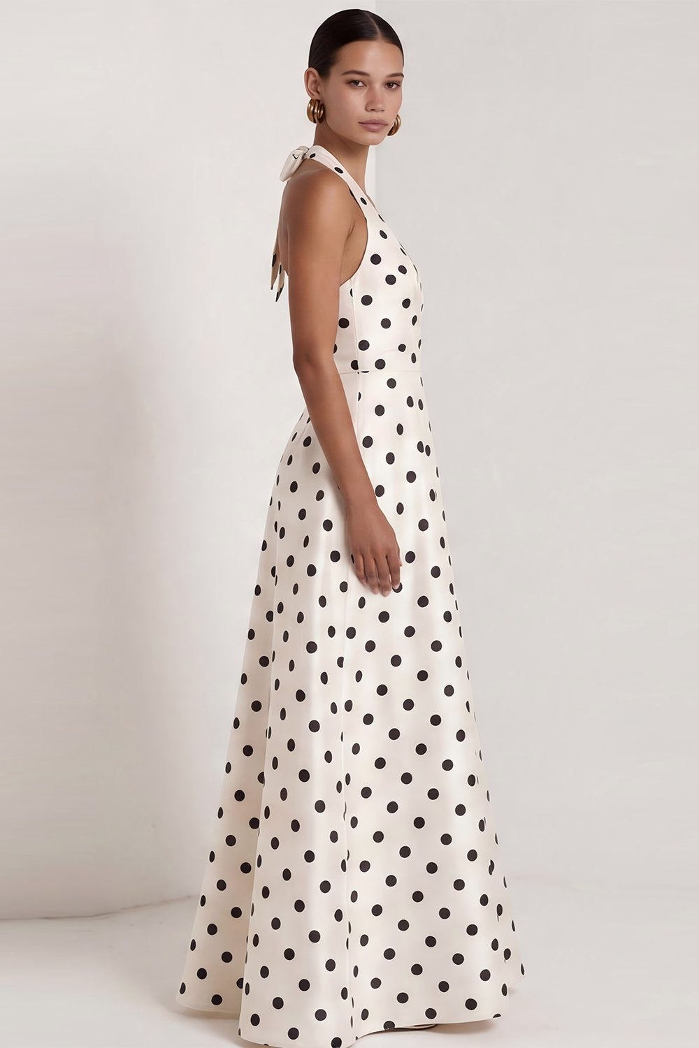 Halter White Black Polka Dot A Line Formal Dress