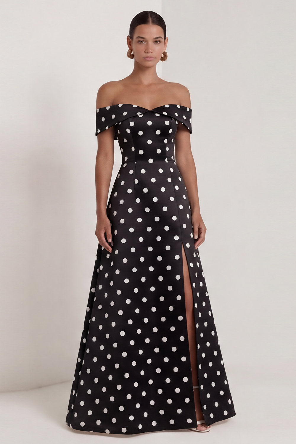 Off the Shoulder Black White Polka Dot A Line Maxi Formal Dress