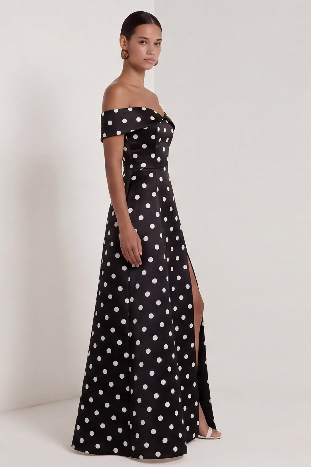 Off the Shoulder Black White Polka Dot A Line Maxi Formal Dress
