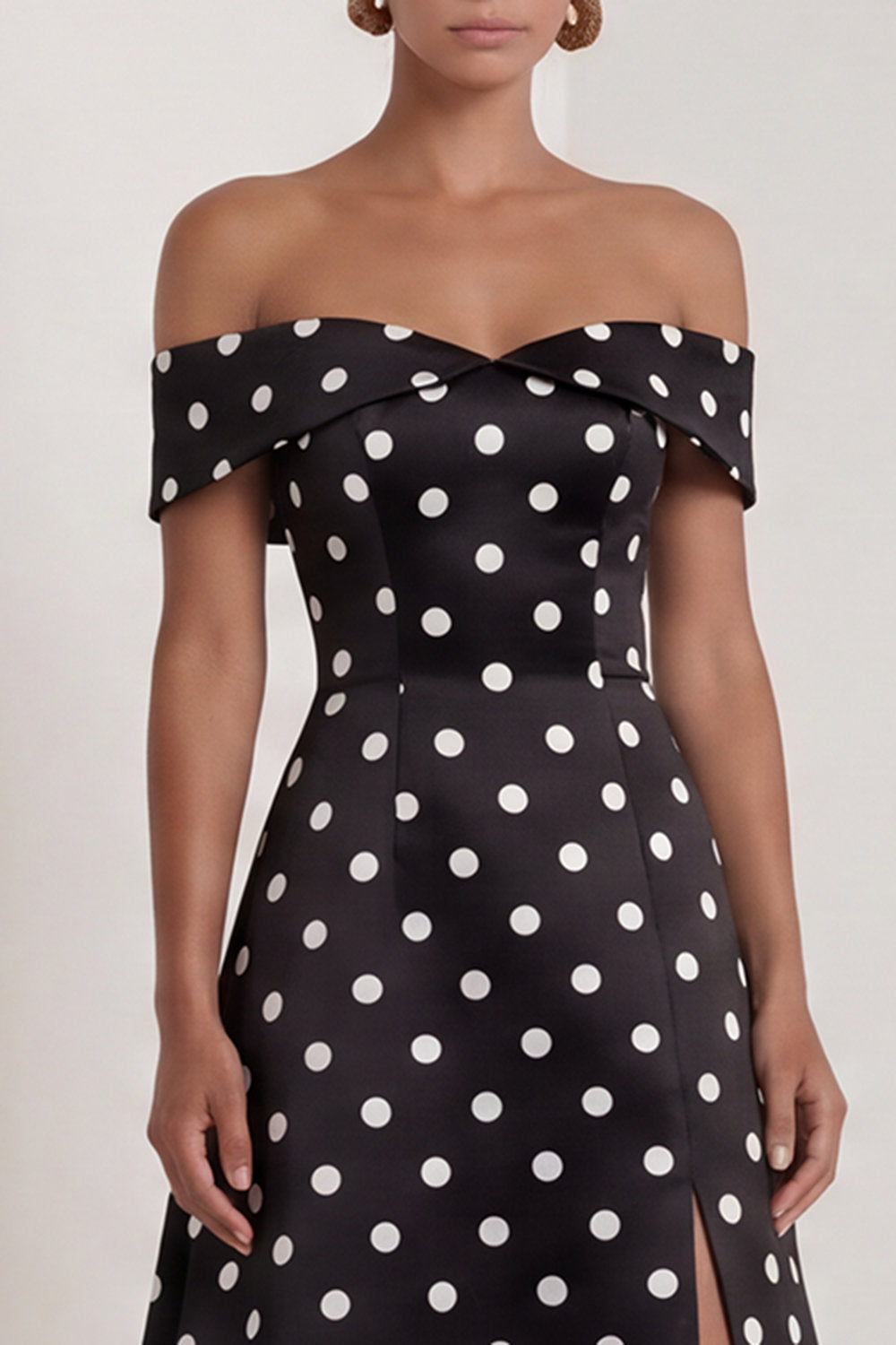 Off the Shoulder Black White Polka Dot A Line Maxi Formal Dress