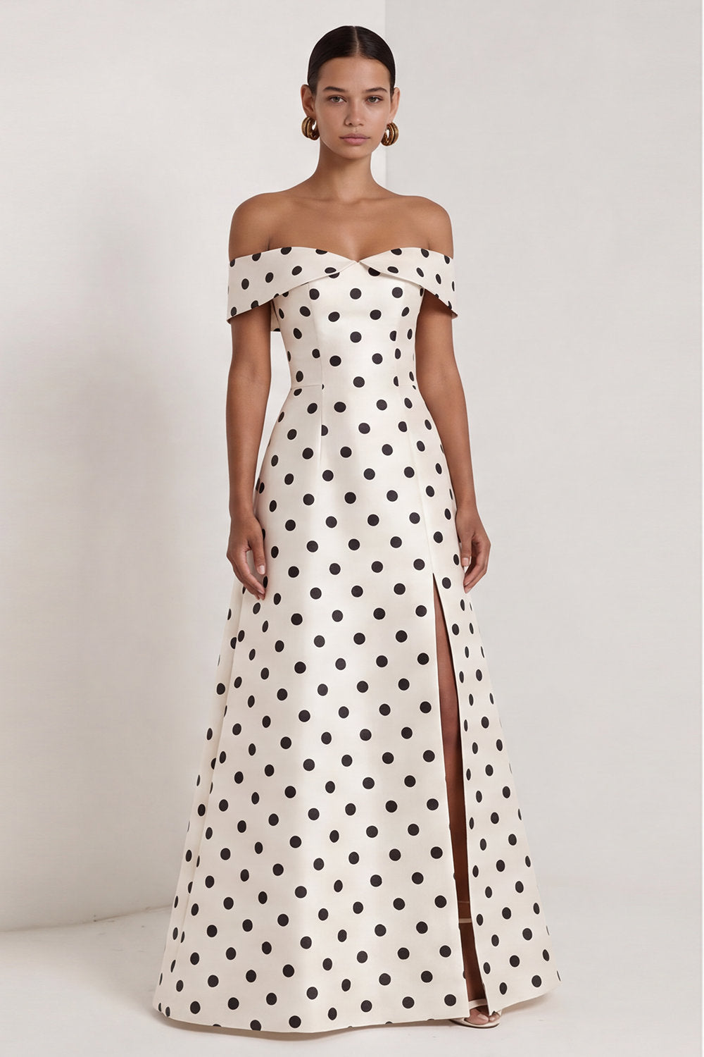 Off the Shoulder Black White Polka Dot A Line Maxi Formal Dress