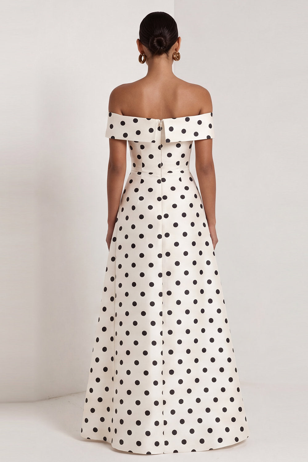 Off the Shoulder Black White Polka Dot A Line Maxi Formal Dress