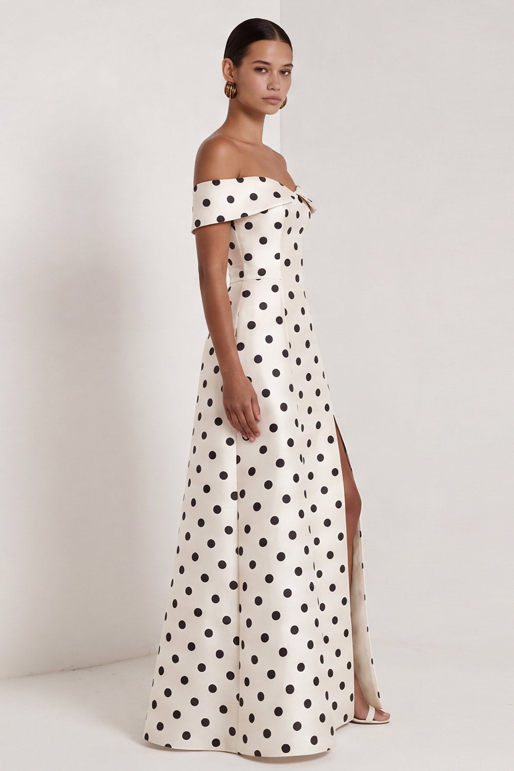 Off the Shoulder Black White Polka Dot A Line Maxi Formal Dress