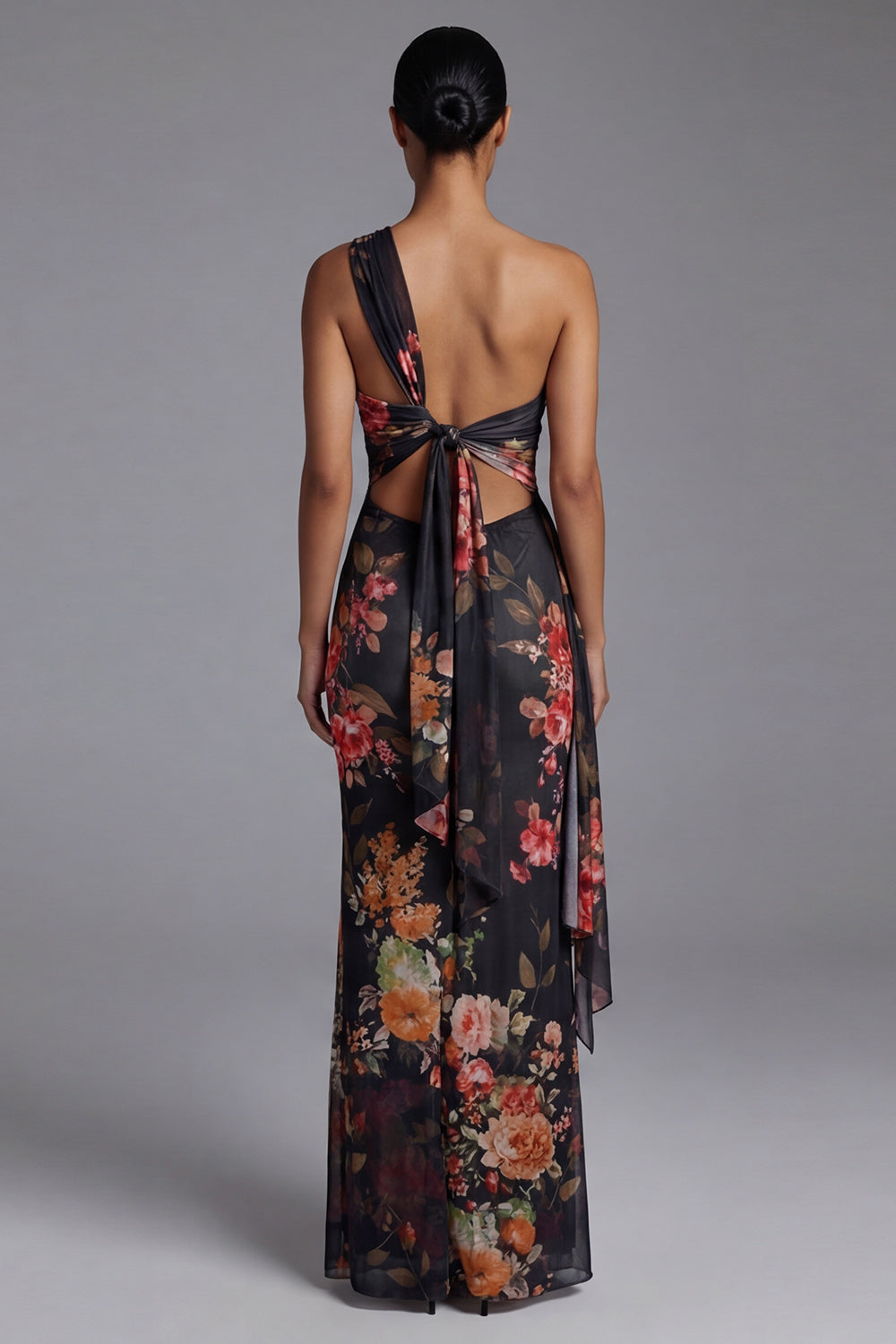 One Shoulder Cut Out Printed Ivory Maxi Formal Dress