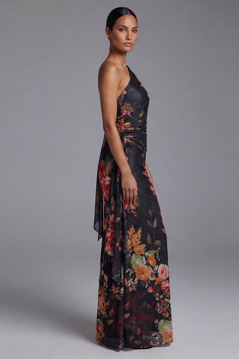 One Shoulder Cut Out Printed Ivory Maxi Formal Dress