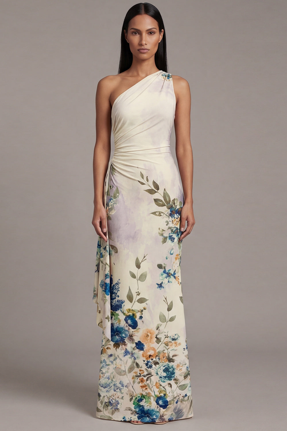 One Shoulder Cut Out Printed Ivory Maxi Formal Dress