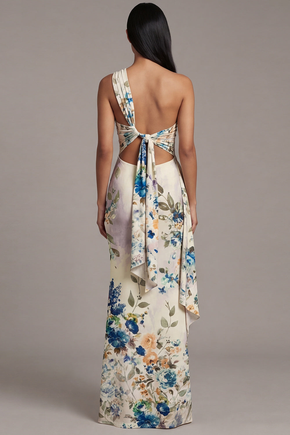 One Shoulder Cut Out Printed Ivory Maxi Formal Dress