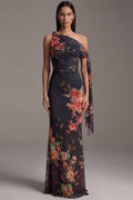 Floral Asymmetrical Neck Black Mermaid Ruched Formal Dress