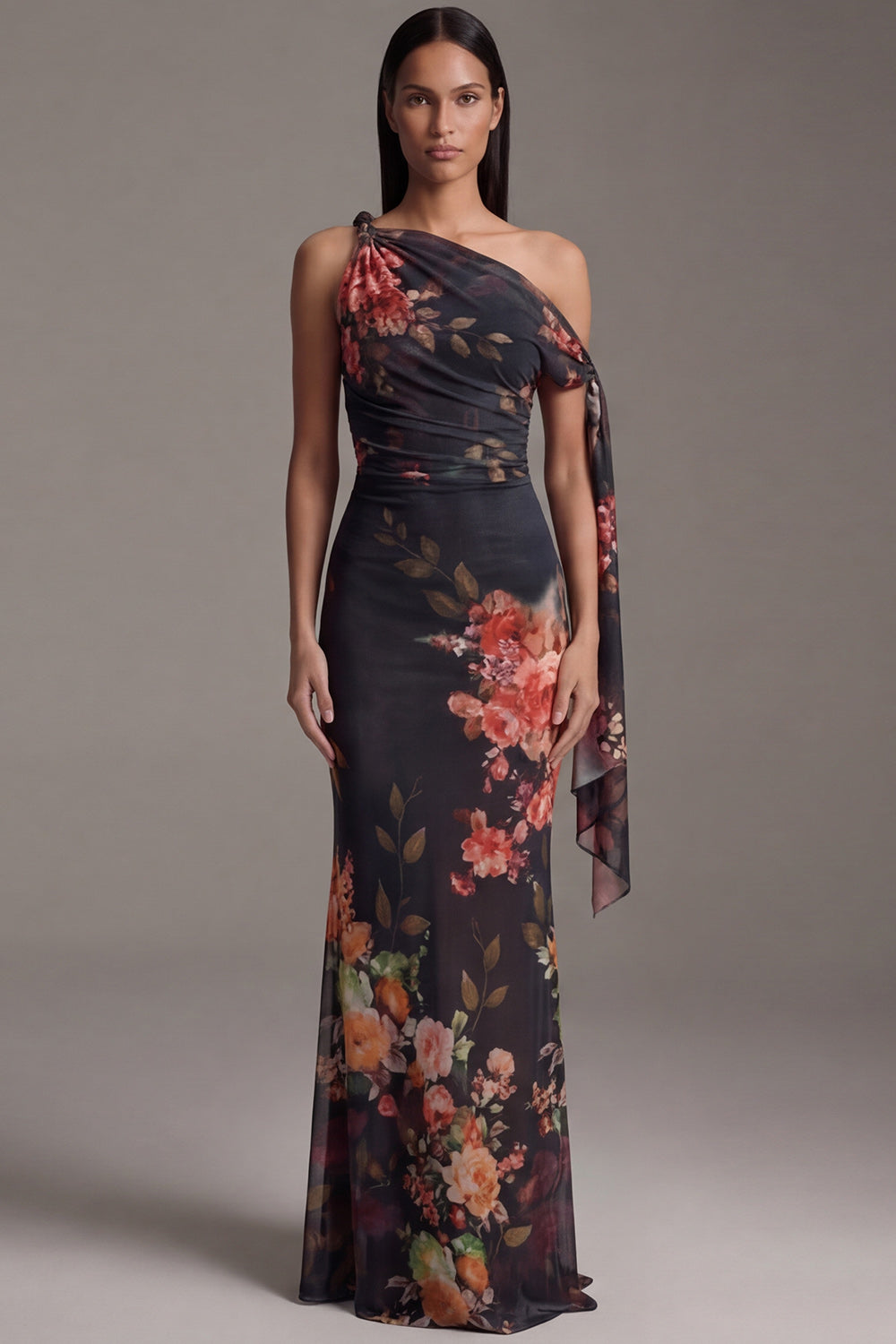Floral Asymmetrical Neck Black Mermaid Ruched Formal Dress