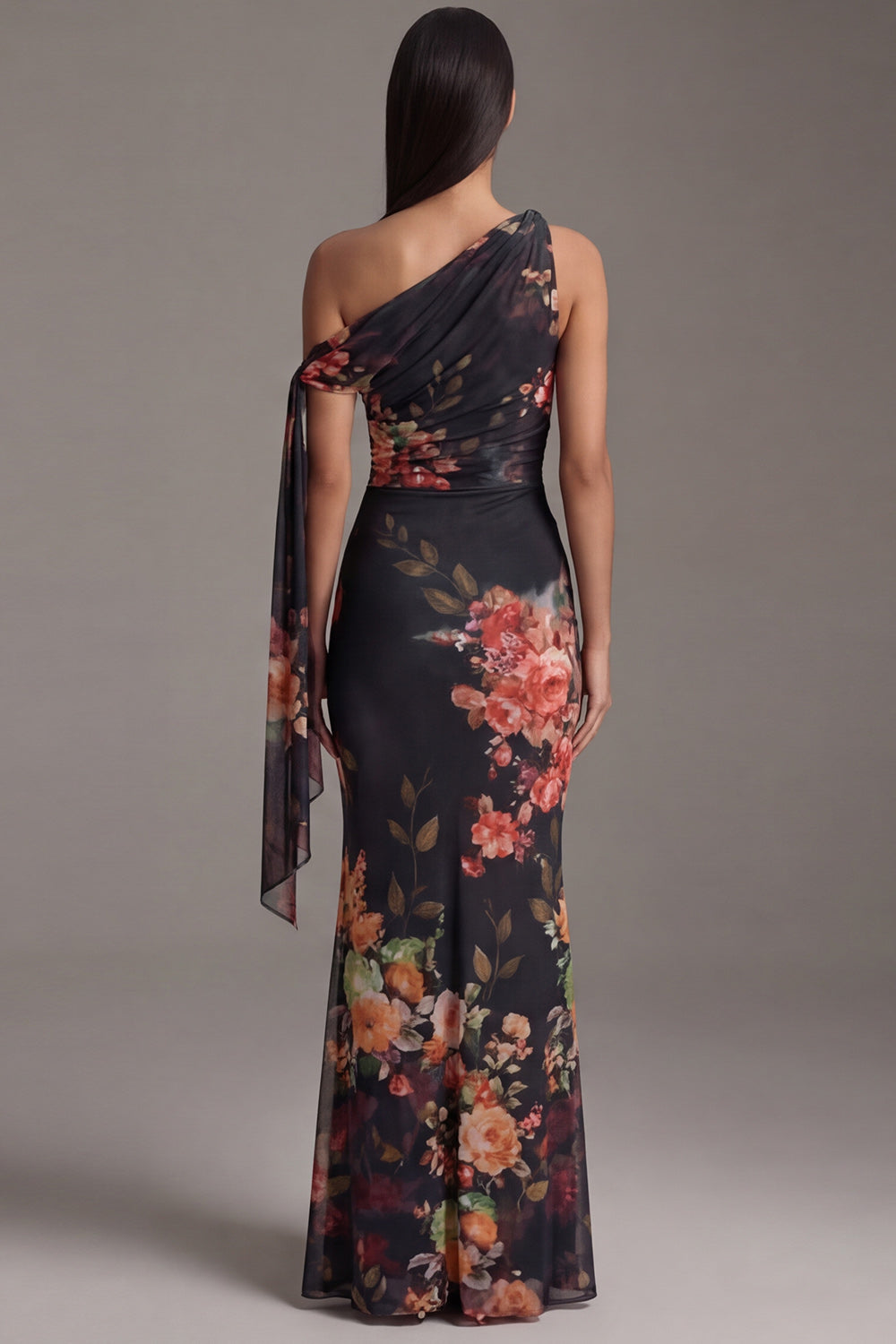 Floral Asymmetrical Neck Black Mermaid Ruched Formal Dress