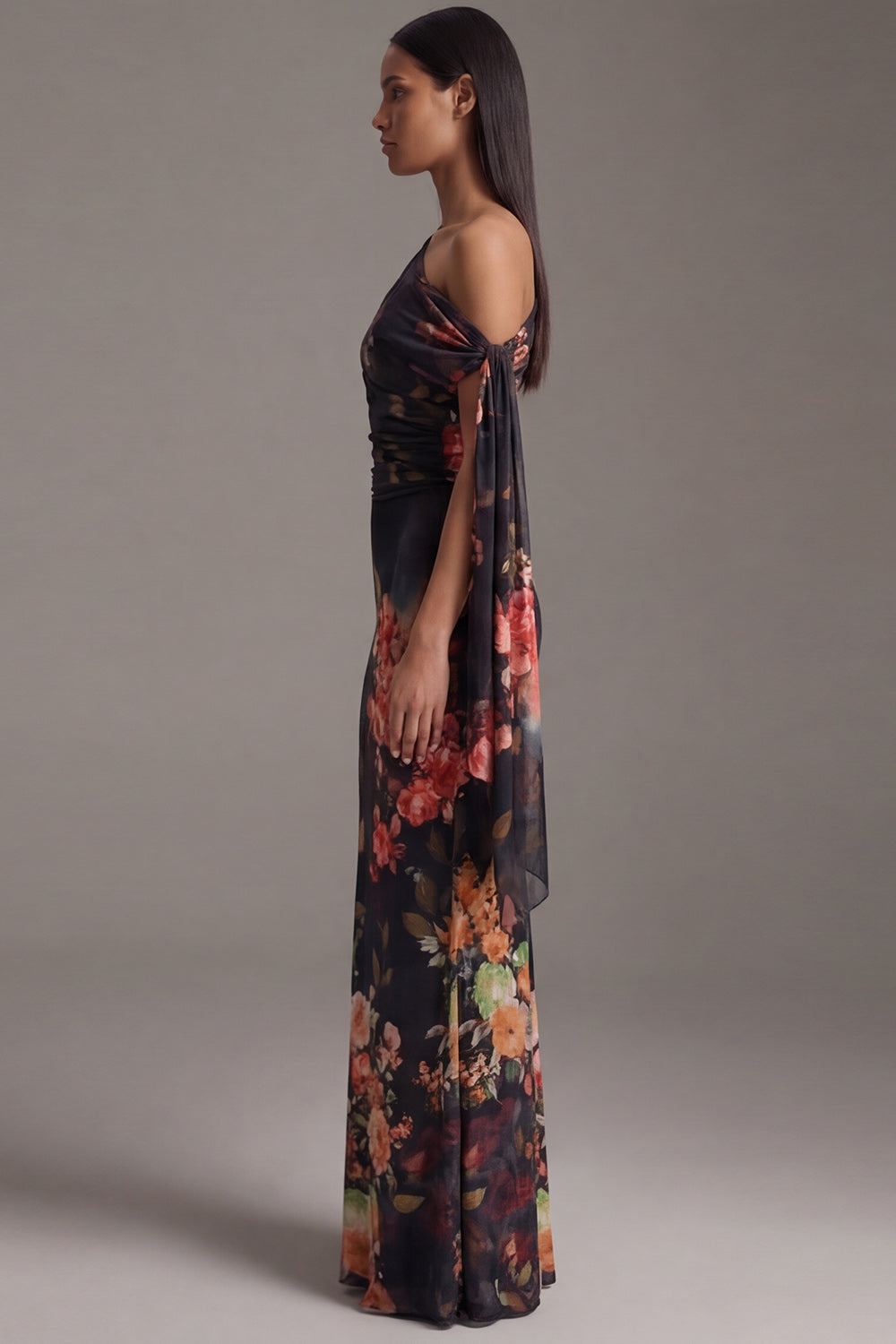 Floral Asymmetrical Neck Black Mermaid Ruched Formal Dress