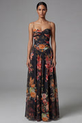 Black A Line Printed Ruched Maxi Formal Dress
