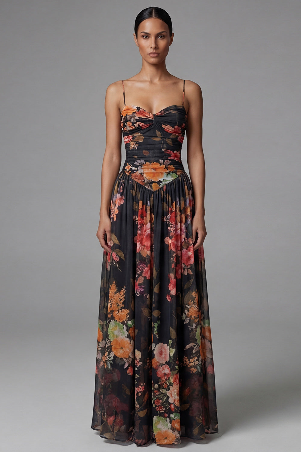 Black A Line Printed Ruched Maxi Formal Dress