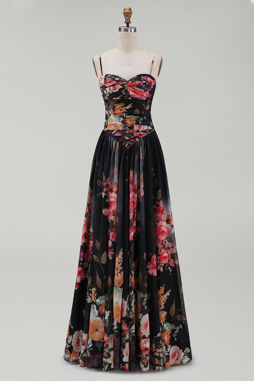 Black A Line Printed Ruched Maxi Formal Dress